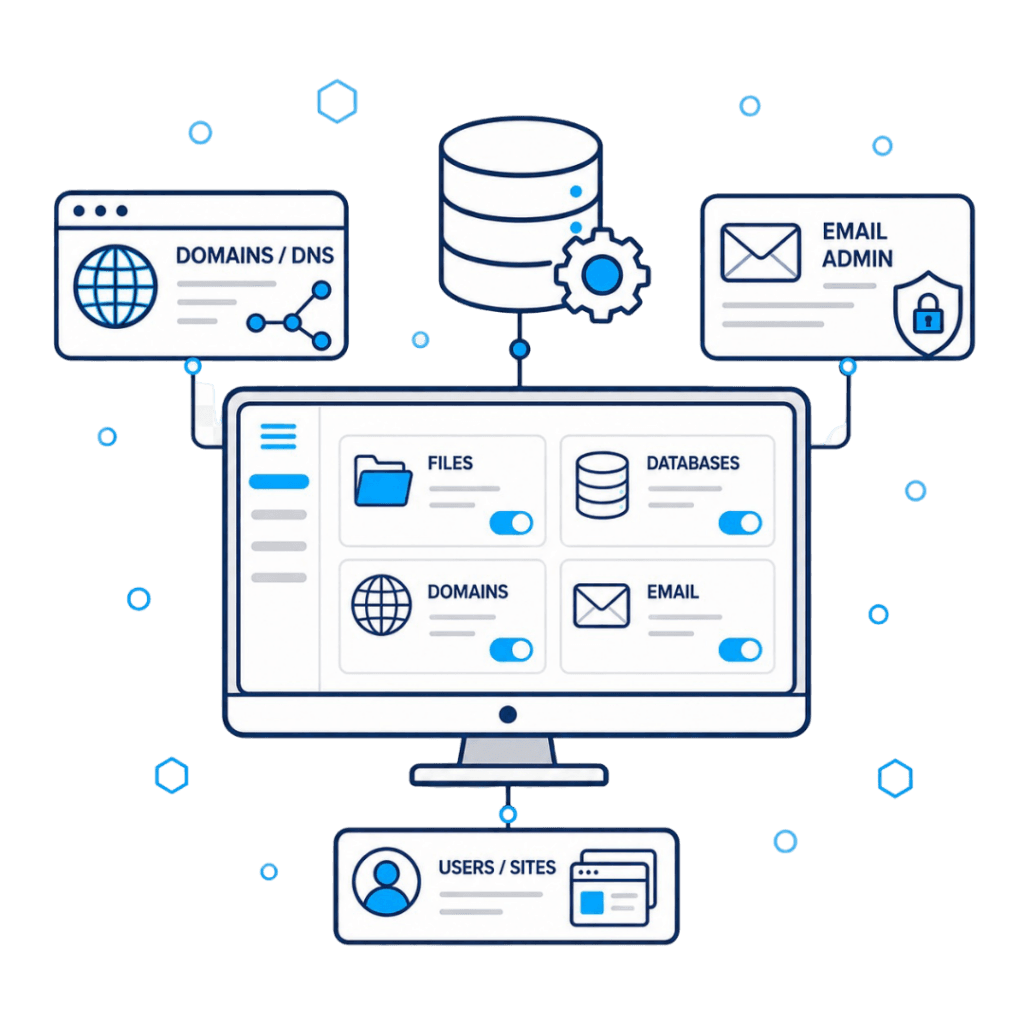 Hosting control panel dashboard icons for managing files, databases, domains, and email