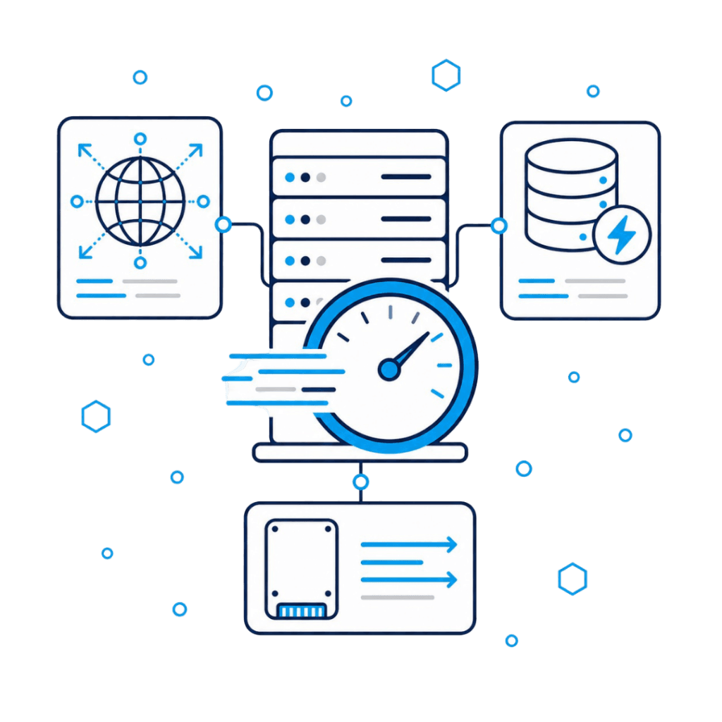 Web Hosting - High performance hosting icons with fast server, global CDN, cache, and NVMe storage
