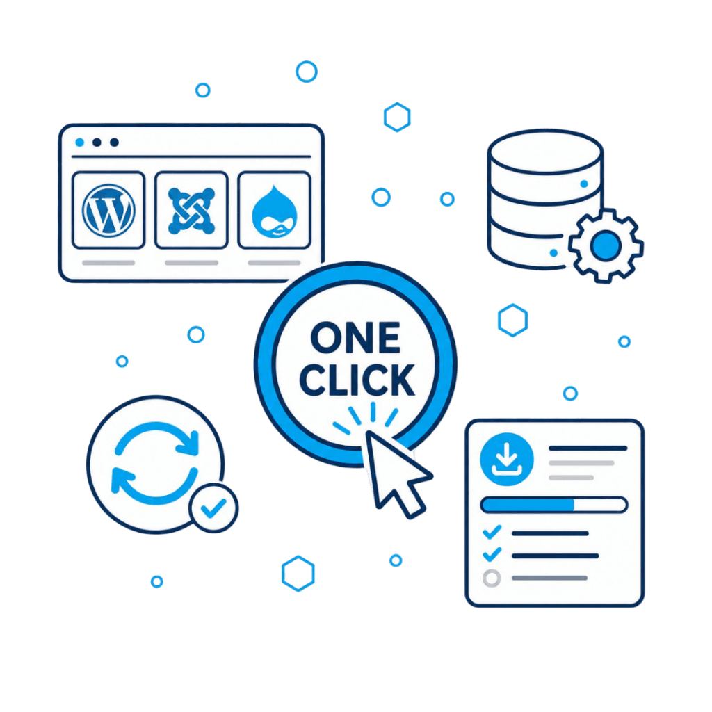 Volsera Web Hosting one click app deployment icons with CMS tiles, database, updates, and installer progress