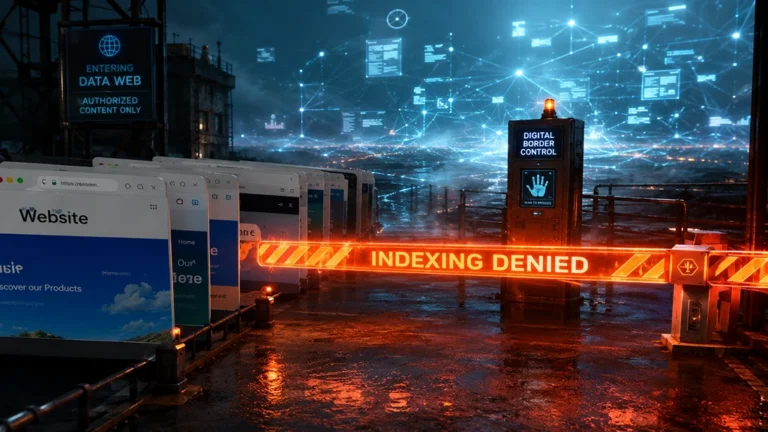 Hyper-realistic visualization of Website Indexing Barriers showing browser windows blocked by a glowing orange red-tape barrier labeled Indexing Denied.