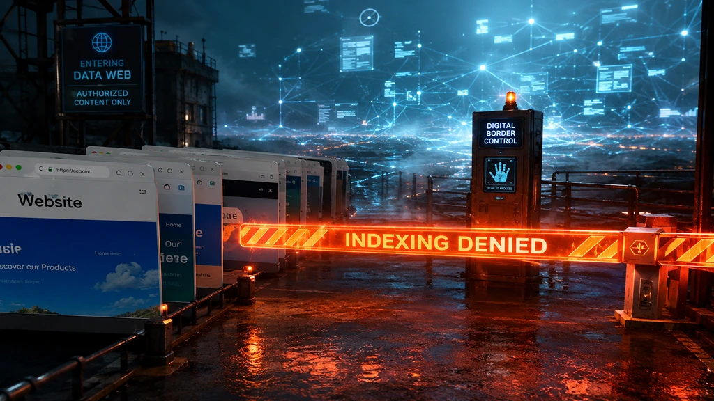 Hyper-realistic visualization of Website Indexing Barriers showing browser windows blocked by a glowing orange red-tape barrier labeled Indexing Denied.
